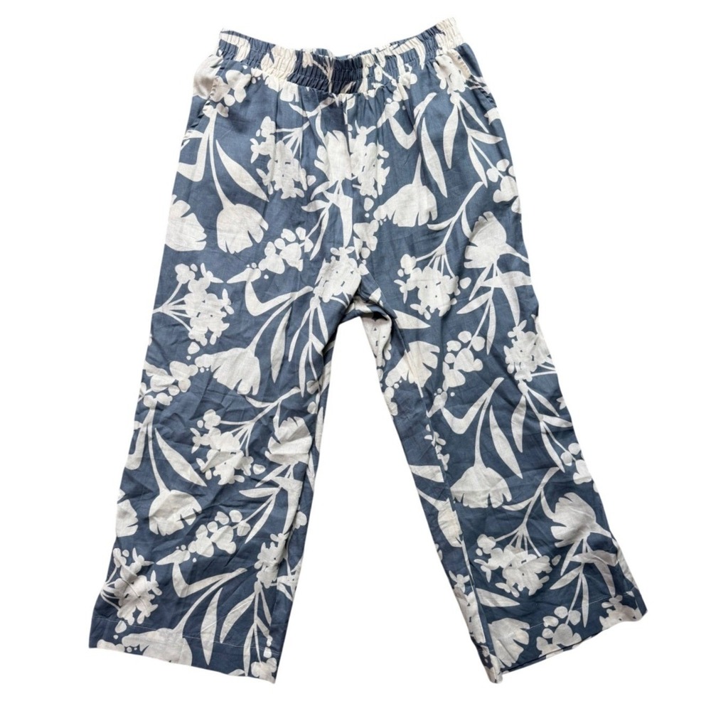 Emerson Rose Linen Pants Womens XL Blue Floral Wide Leg Elastic Waist EUC
